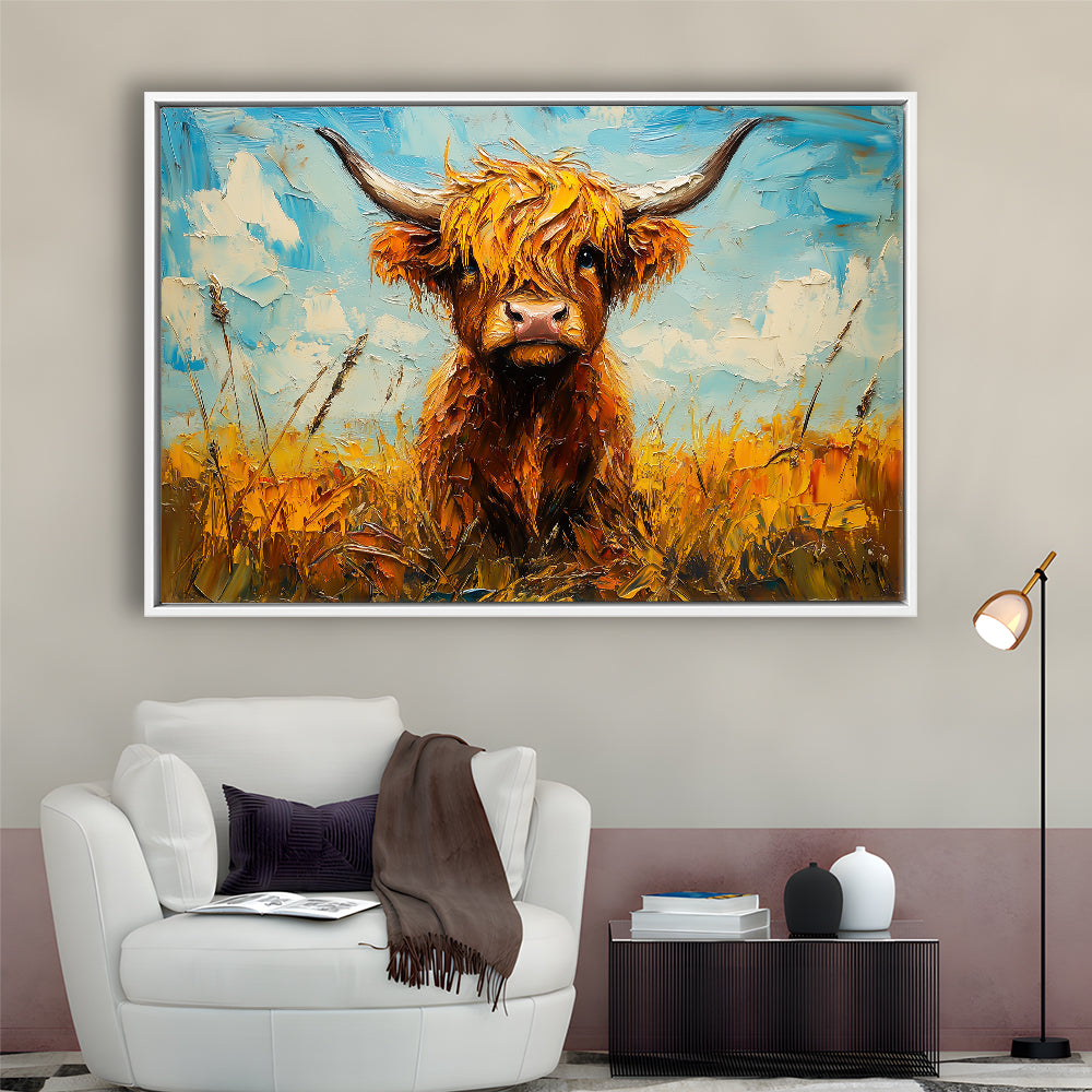Baby Highland Cow In The Field, Framed Canvas Print, Painting Art, Floating Framed Canvas Print Wall Art