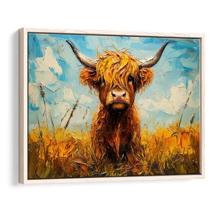 Baby Highland Cow In The Field, Framed Canvas Print, Painting Art, Floating Framed Canvas Print Wall Art