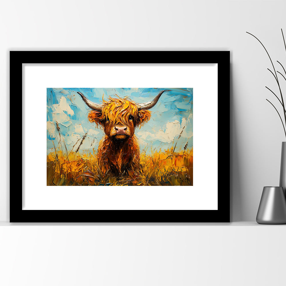 Baby Highland Cow In The Field, Framed  Print, Painting Art, Framed Art Print White Border Wall Decor