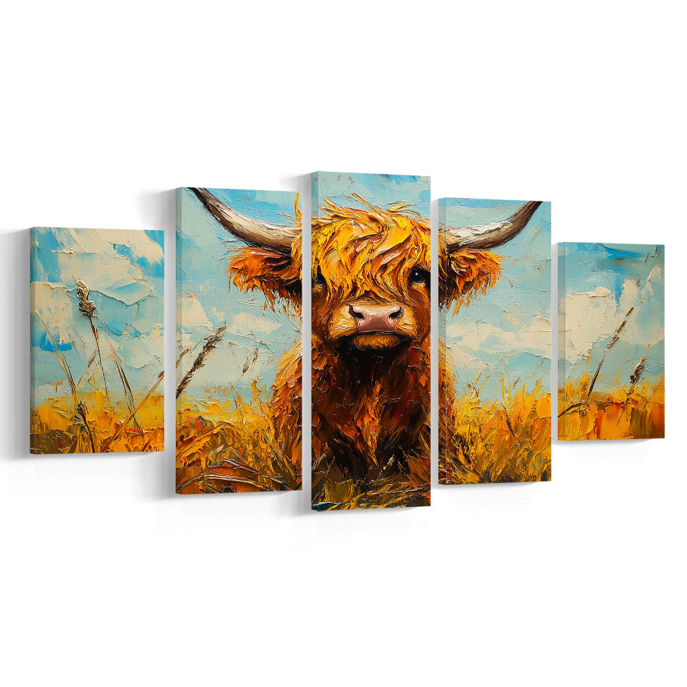 Baby Highland Cow In The Field, Canvas Art Decor Print, Painting Art, Mixed Panels Canvas Print Wall Art