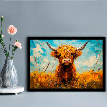 Baby Highland Cow In The Field, Framed  Print, Painting Art, Framed Art Print Wall Decor, Framed Picture