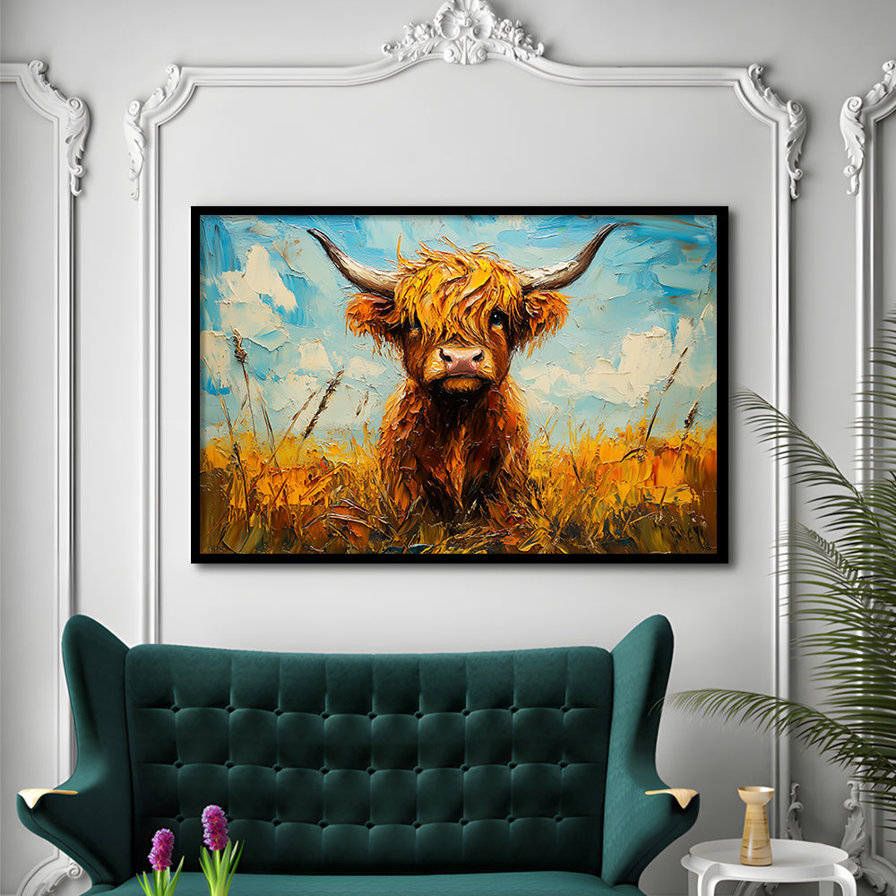 Baby Highland Cow In The Field, Framed  Print, Painting Art, Framed Art Print Wall Decor, Framed Picture