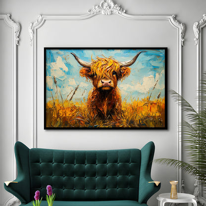 Baby Highland Cow In The Field, Framed  Print, Painting Art, Framed Art Print Wall Decor, Framed Picture