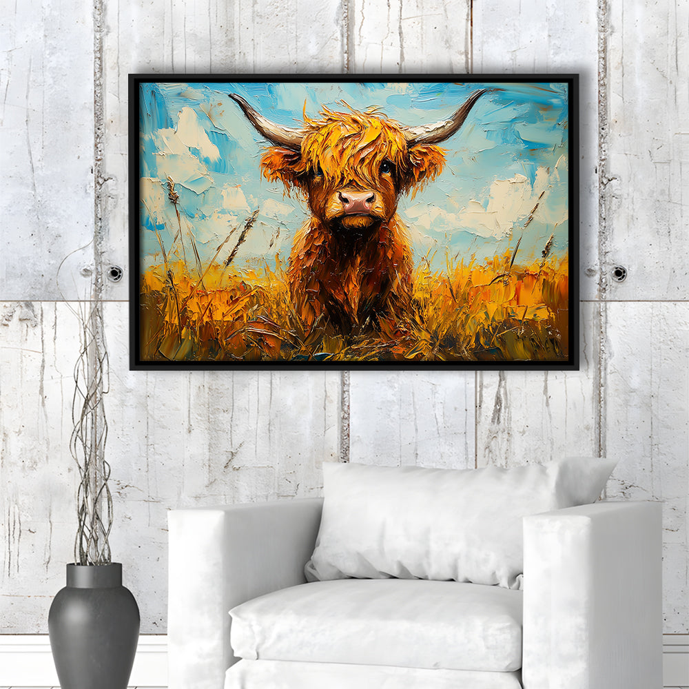 Baby Highland Cow In The Field, Framed Canvas Print, Painting Art, Floating Framed Canvas Print Wall Art