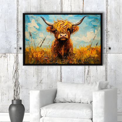 Baby Highland Cow In The Field, Framed Canvas Print, Painting Art, Floating Framed Canvas Print Wall Art