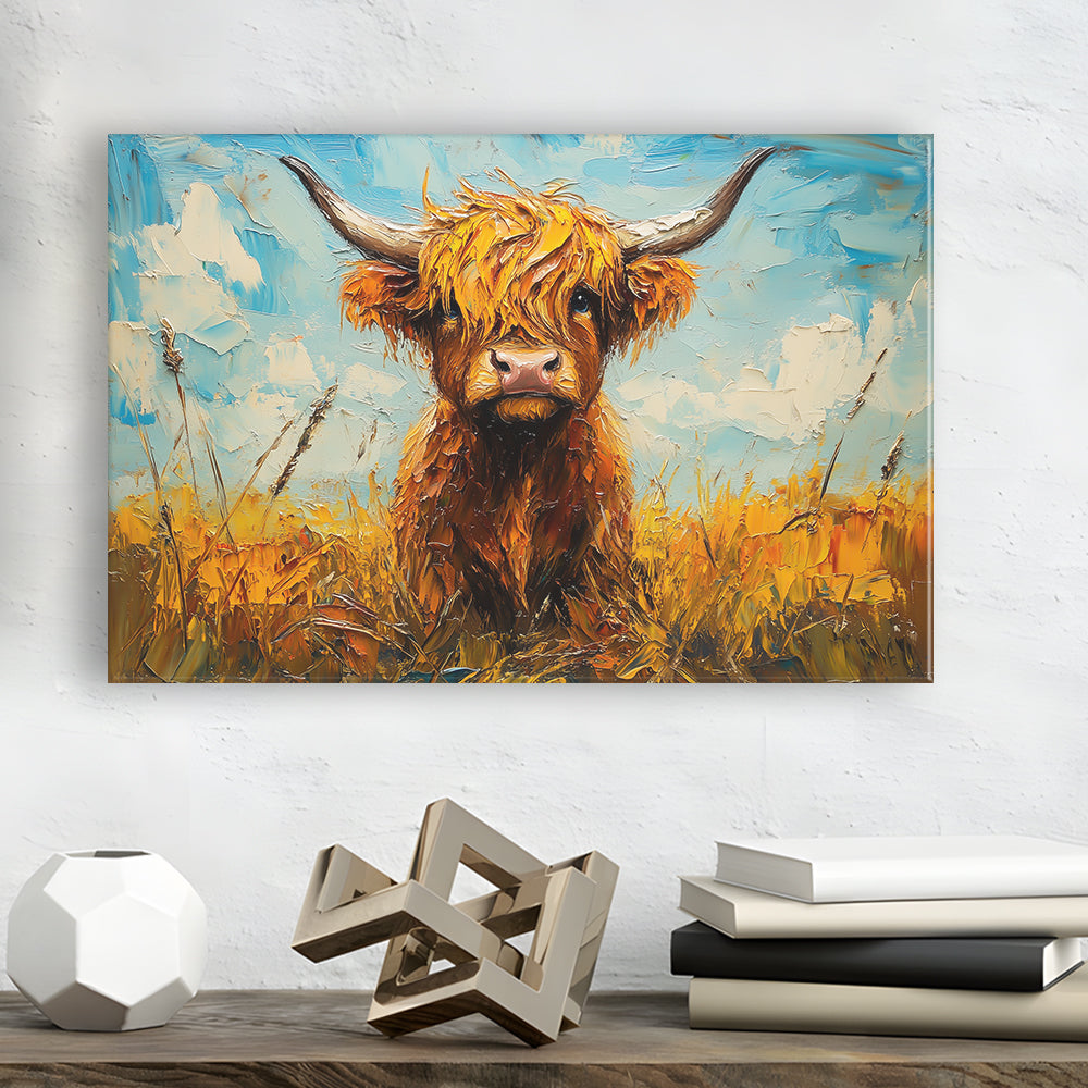 Baby Highland Cow In The Field, Canvas Art Decor Print, Painting Art, Canvas Print Wall Art Home Decor
