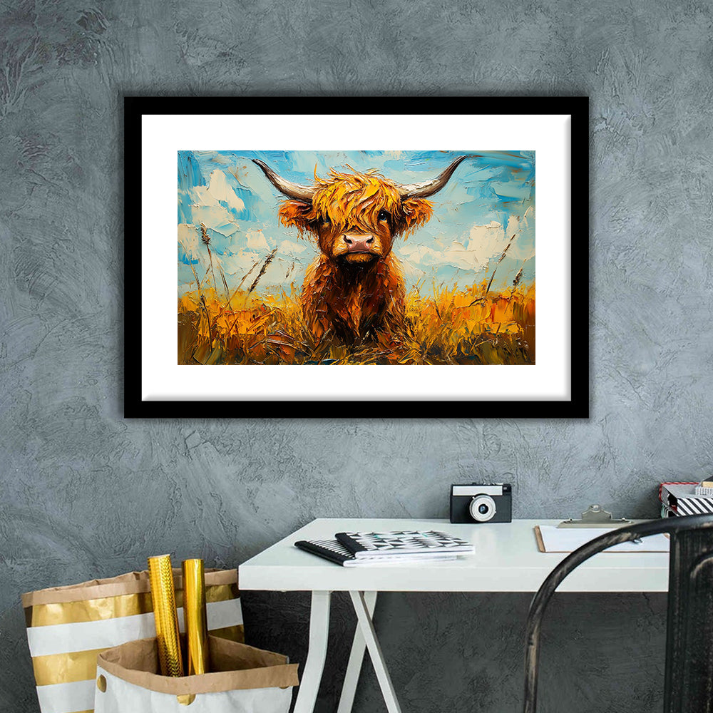 Baby Highland Cow In The Field, Framed  Print, Painting Art, Framed Art Print White Border Wall Decor