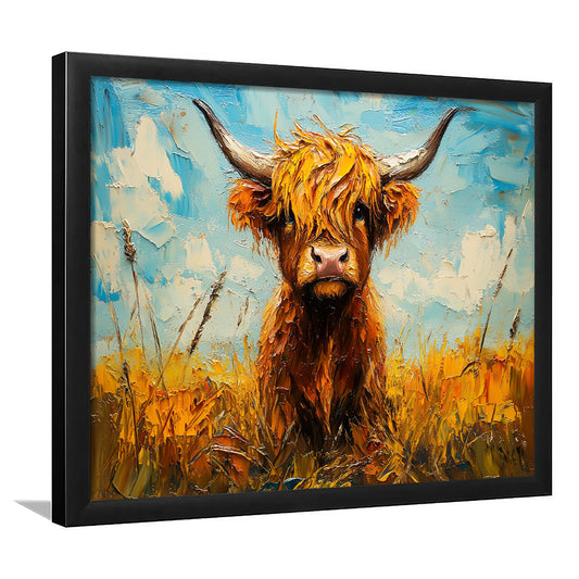 Baby Highland Cow In The Field, Framed  Print, Painting Art, Framed Art Print Wall Decor, Framed Picture
