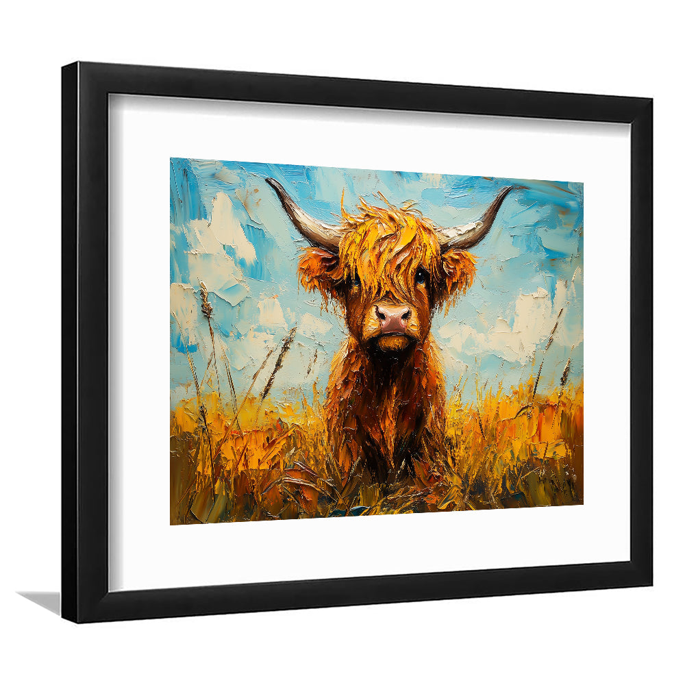 Baby Highland Cow In The Field, Framed  Print, Painting Art, Framed Art Print White Border Wall Decor