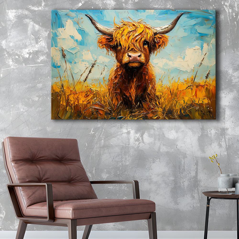Baby Highland Cow In The Field, Canvas Art Decor Print, Painting Art, Canvas Print Wall Art Home Decor