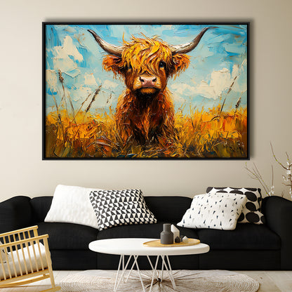Baby Highland Cow In The Field, Framed Canvas Print, Painting Art, Floating Framed Canvas Print Wall Art