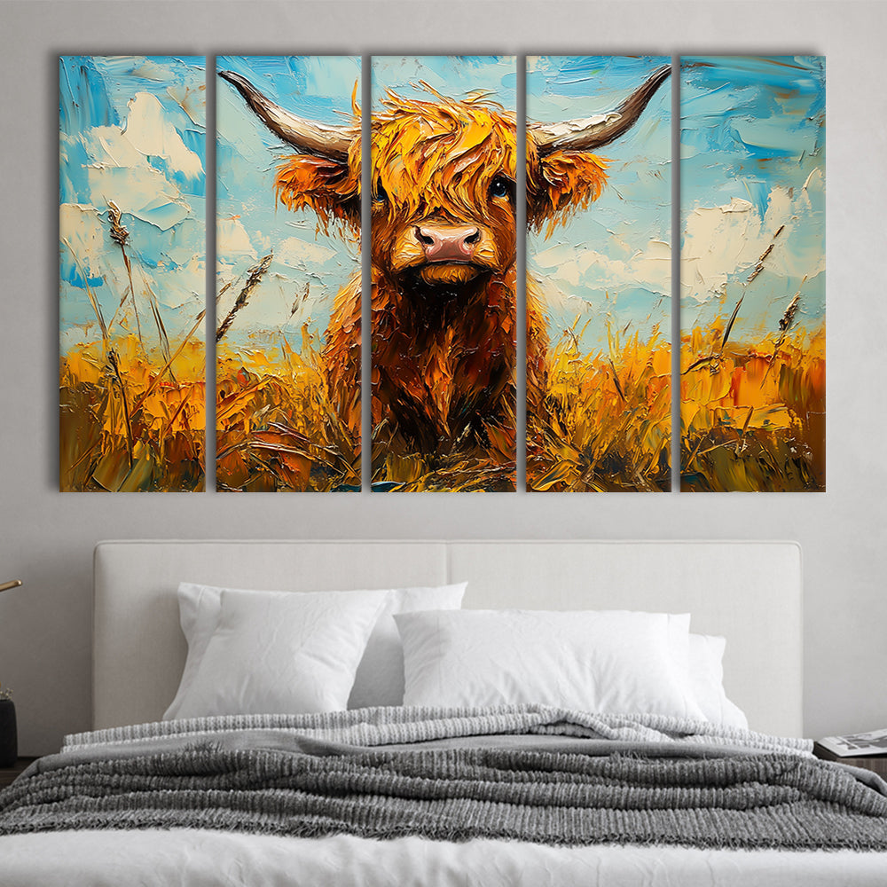 Baby Highland Cow In The Field, Canvas Art Print, Painting Art, Multi Panels Canvas Print Wall Art