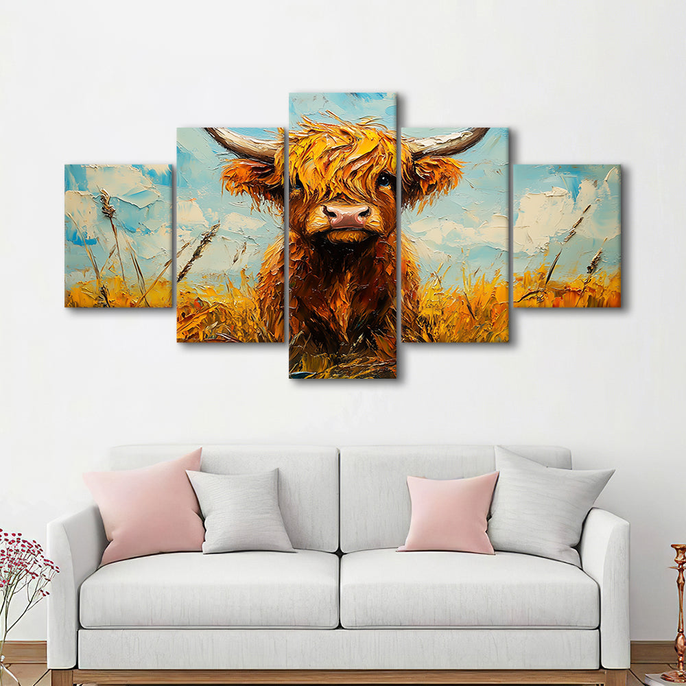 Baby Highland Cow In The Field, Canvas Art Decor Print, Painting Art, Mixed Panels Canvas Print Wall Art