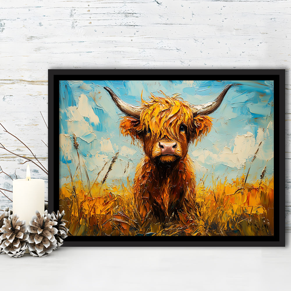 Baby Highland Cow In The Field, Framed Canvas Print, Painting Art, Floating Framed Canvas Print Wall Art