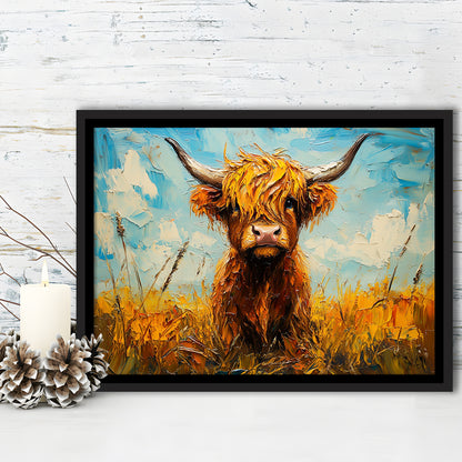 Baby Highland Cow In The Field, Framed Canvas Print, Painting Art, Floating Framed Canvas Print Wall Art