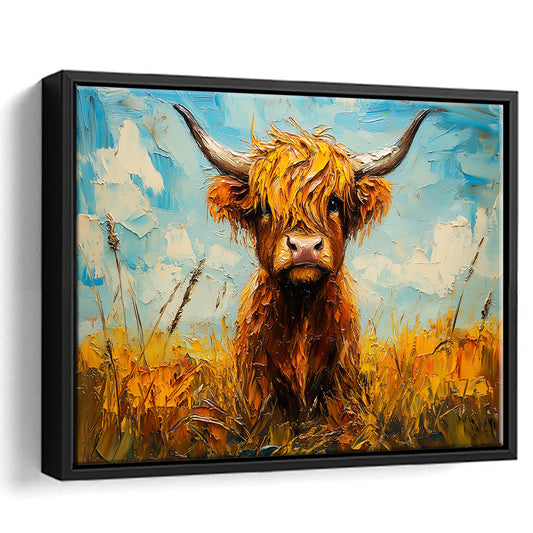 Baby Highland Cow In The Field, Framed Canvas Print, Painting Art, Floating Framed Canvas Print Wall Art