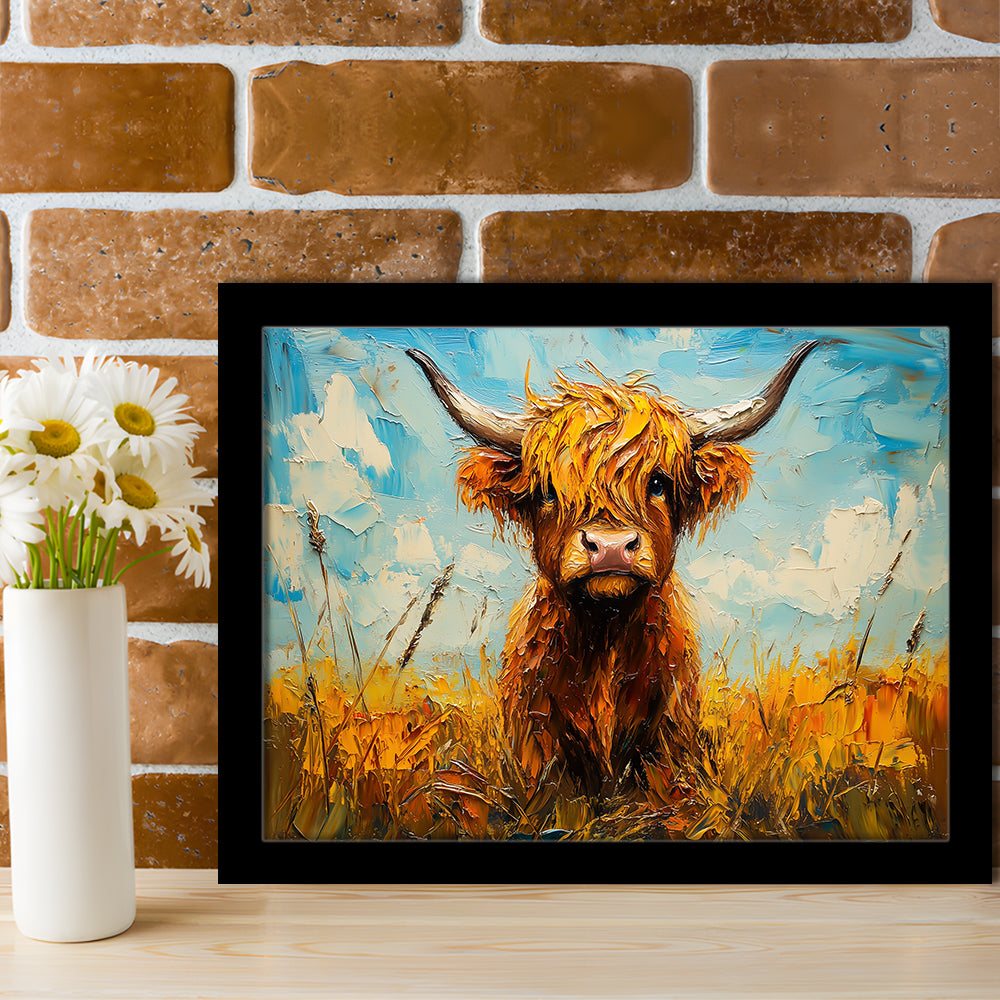 Baby Highland Cow In The Field, Framed  Print, Painting Art, Framed Art Print Wall Decor, Framed Picture