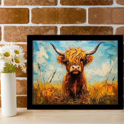 Baby Highland Cow In The Field, Framed  Print, Painting Art, Framed Art Print Wall Decor, Framed Picture