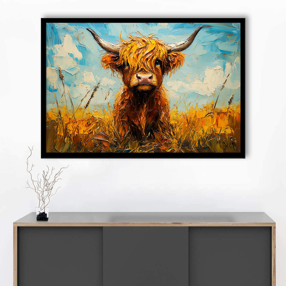 Baby Highland Cow In The Field, Framed  Print, Painting Art, Framed Art Print Wall Decor, Framed Picture