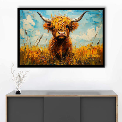 Baby Highland Cow In The Field, Framed  Print, Painting Art, Framed Art Print Wall Decor, Framed Picture
