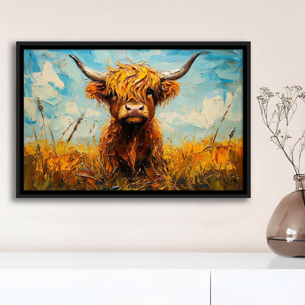 Baby Highland Cow In The Field, Framed Canvas Print, Painting Art, Floating Framed Canvas Print Wall Art