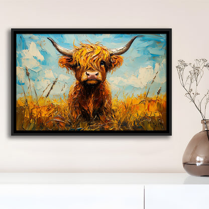 Baby Highland Cow In The Field, Framed Canvas Print, Painting Art, Floating Framed Canvas Print Wall Art