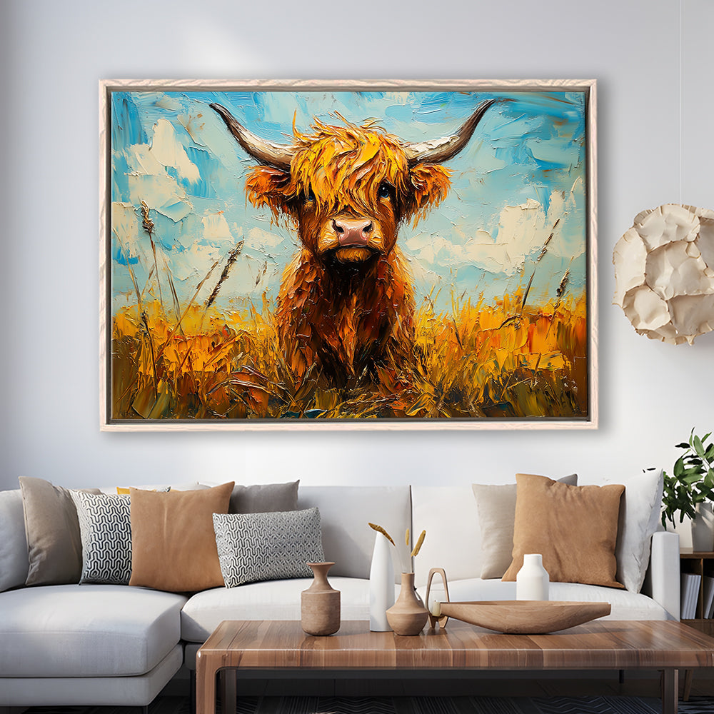 Baby Highland Cow In The Field, Framed Canvas Print, Painting Art, Floating Framed Canvas Print Wall Art