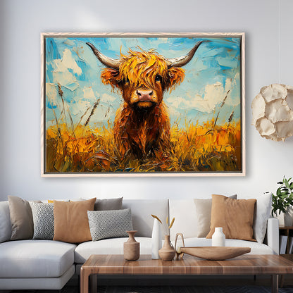 Baby Highland Cow In The Field, Framed Canvas Print, Painting Art, Floating Framed Canvas Print Wall Art