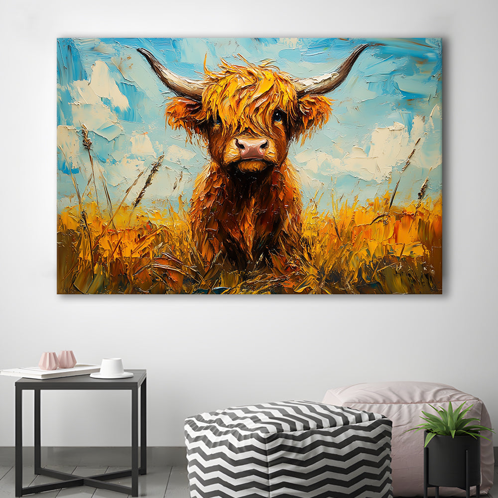 Baby Highland Cow In The Field, Canvas Art Decor Print, Painting Art, Canvas Print Wall Art Home Decor
