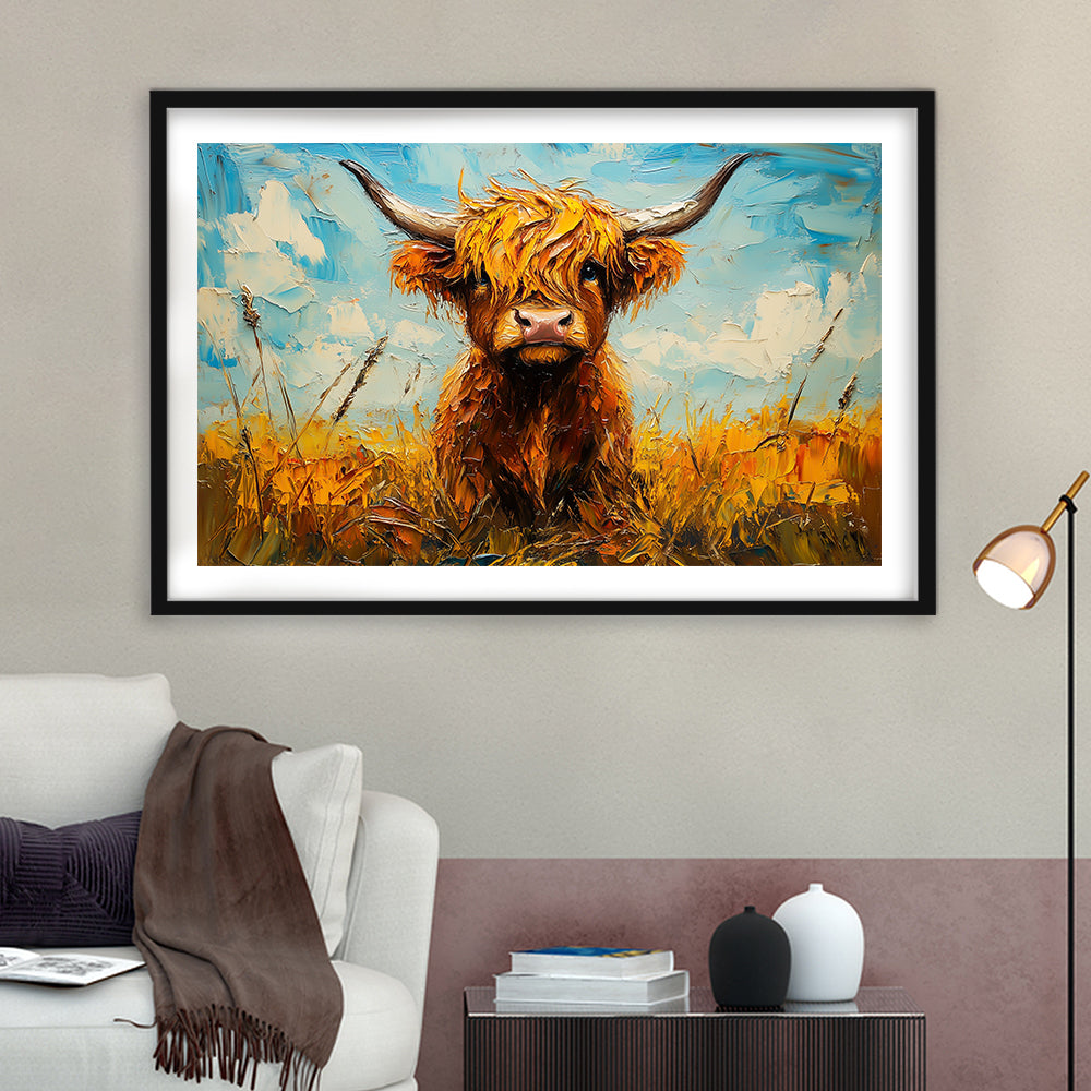 Baby Highland Cow In The Field, Framed  Print, Painting Art, Framed Art Print White Border Wall Decor