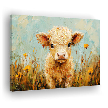 Baby Highland Cow Oil Painting in the Field, Canvas Art Decor Print, Painting Art, Canvas Print Wall Art Home Decor