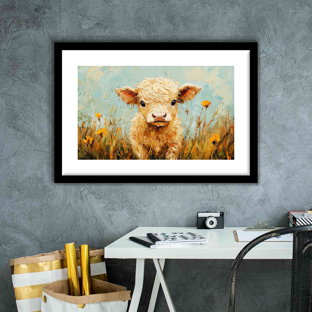 Baby Highland Cow Oil Painting in the Field, Framed  Print, Painting Art, Framed Art Print White Border Wall Decor