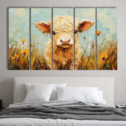 Baby Highland Cow Oil Painting in the Field, Canvas Art Print, Painting Art, Multi Panels Canvas Print Wall Art