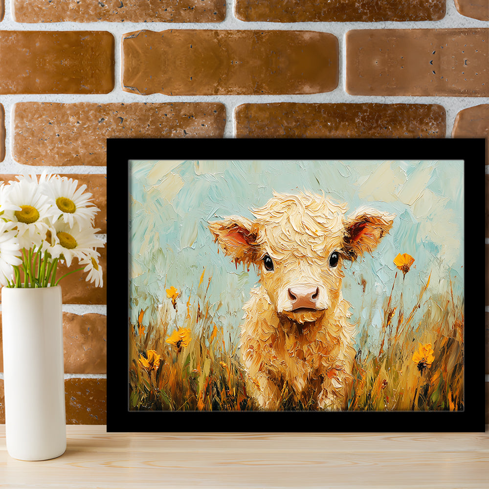 Baby Highland Cow Oil Painting in the Field, Framed  Print, Painting Art, Framed Art Print Wall Decor, Framed Picture