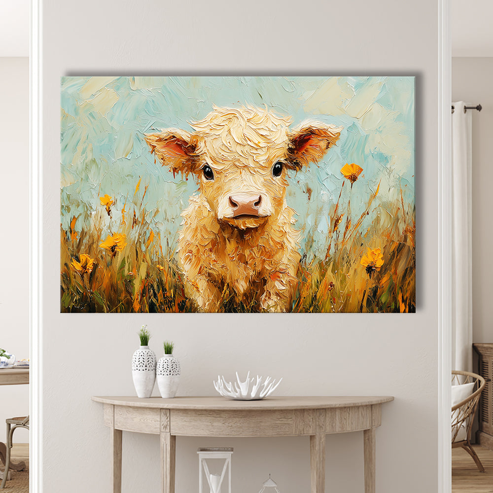 Baby Highland Cow Oil Painting in the Field, Canvas Art Decor Print, Painting Art, Canvas Print Wall Art Home Decor