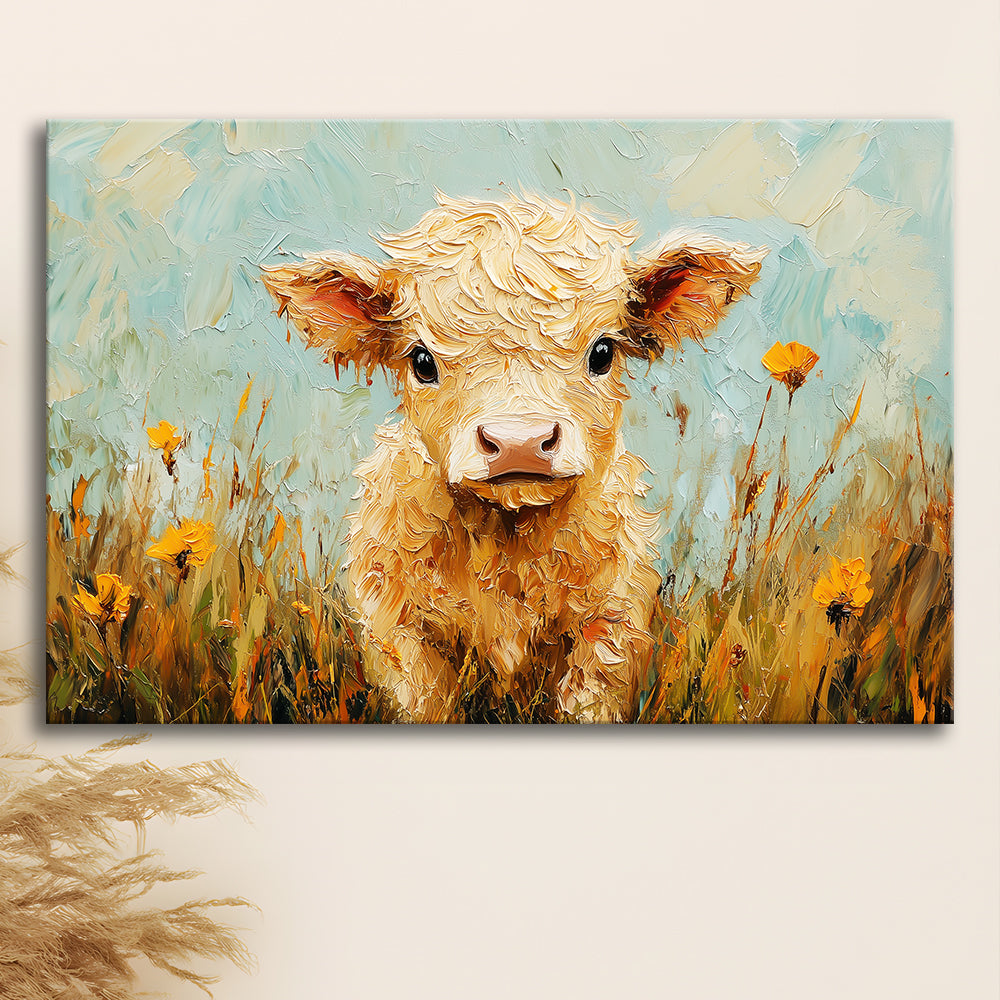 Baby Highland Cow Oil Painting in the Field, Canvas Art Decor Print, Painting Art, Canvas Print Wall Art Home Decor
