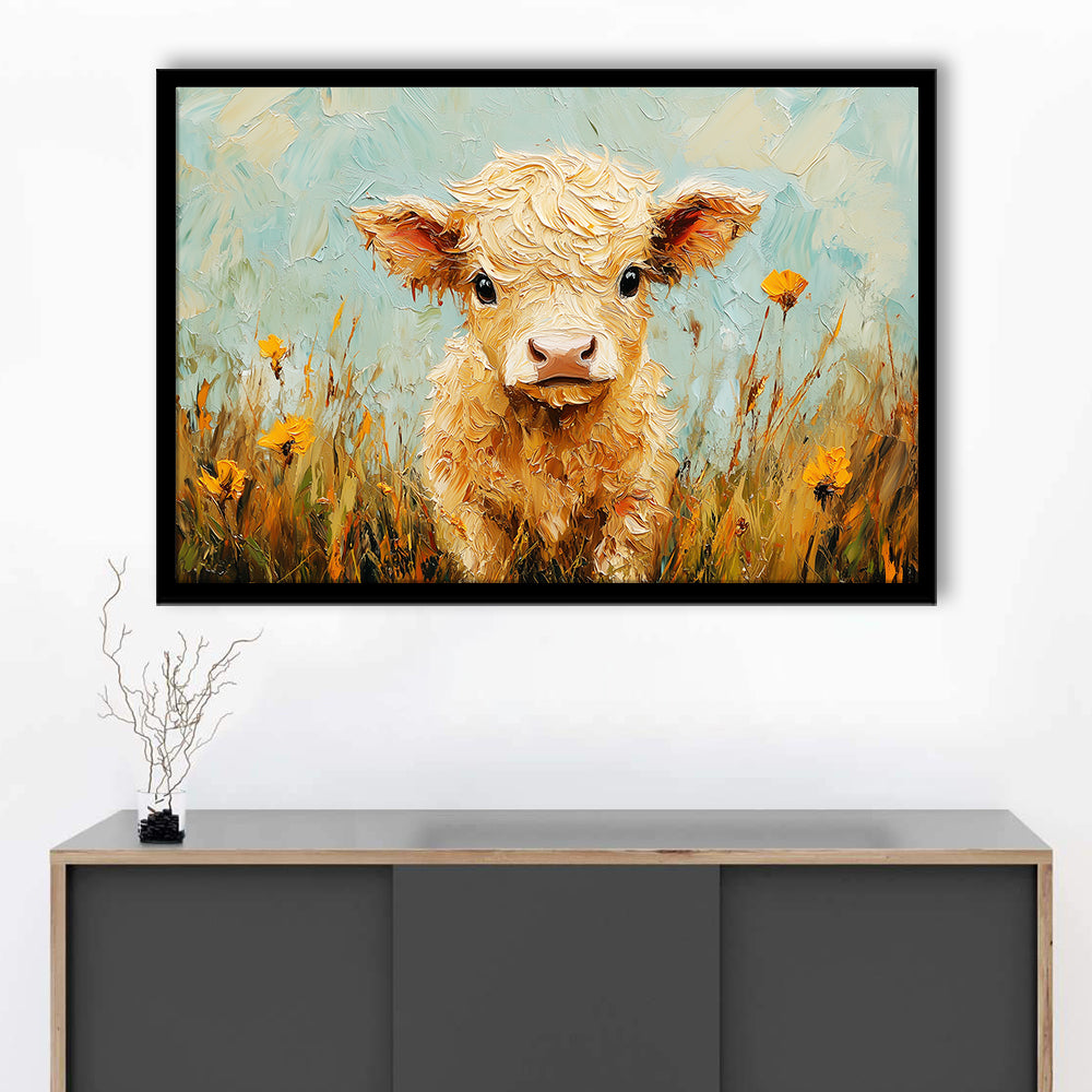 Baby Highland Cow Oil Painting in the Field, Framed  Print, Painting Art, Framed Art Print Wall Decor, Framed Picture