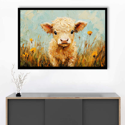 Baby Highland Cow Oil Painting in the Field, Framed  Print, Painting Art, Framed Art Print Wall Decor, Framed Picture