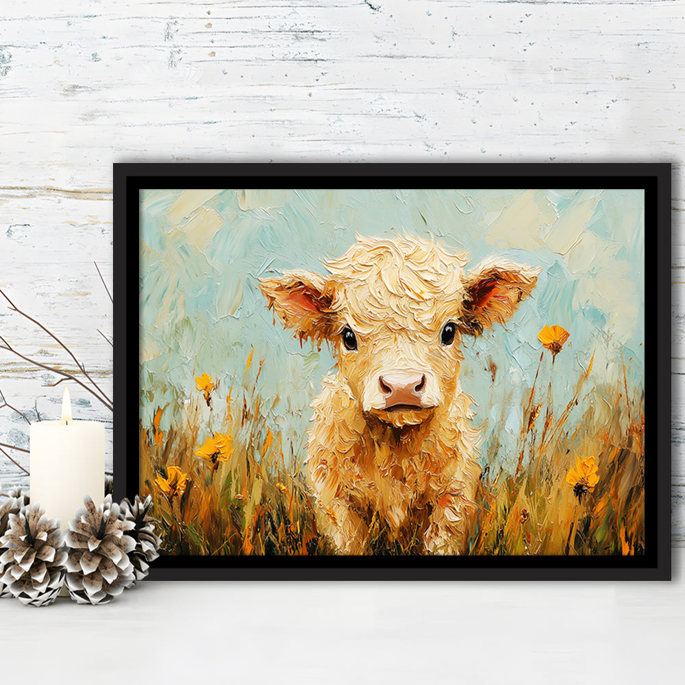 Baby Highland Cow Oil Painting in the Field, Framed Canvas Print, Painting Art, Floating Framed Canvas Print Wall Art