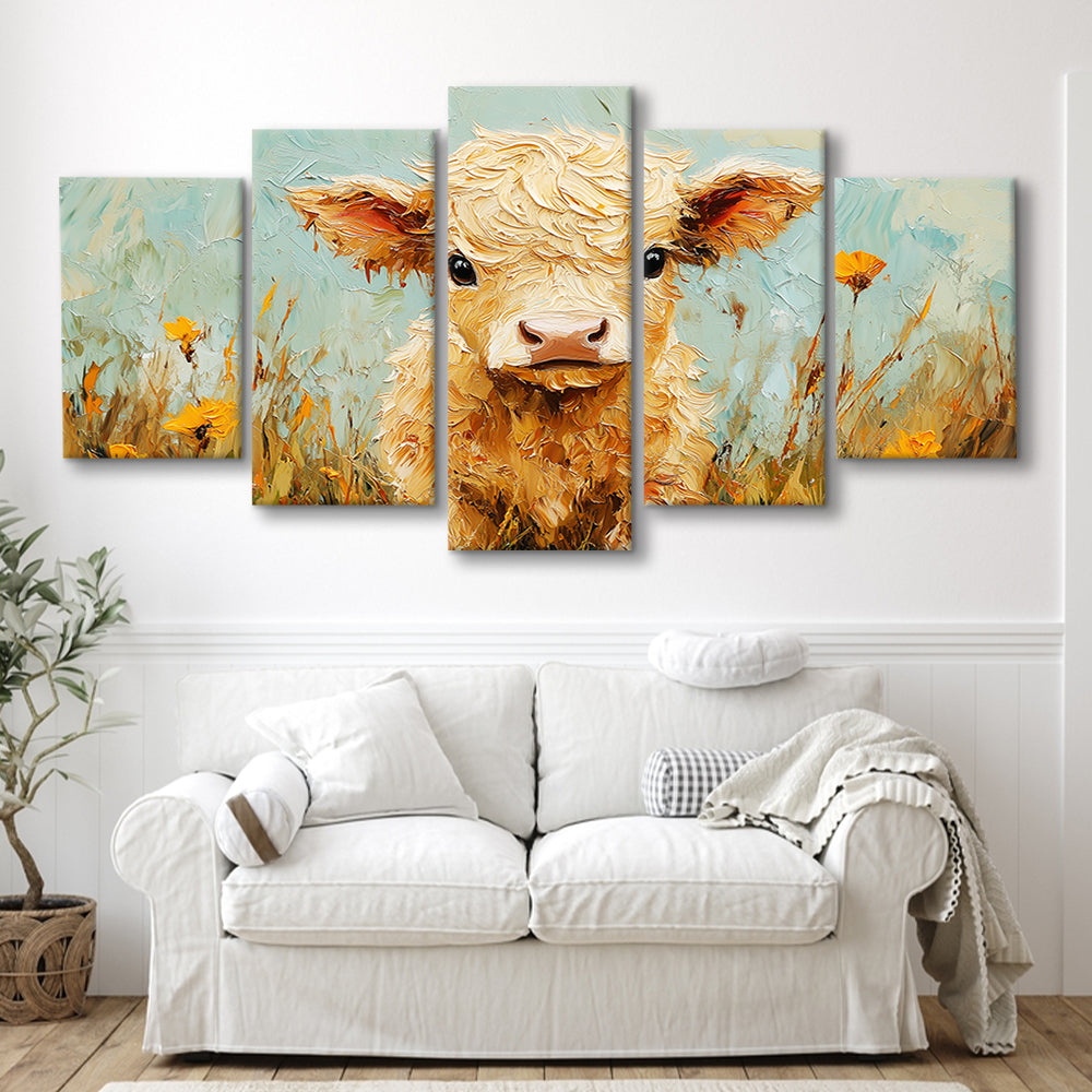 Baby Highland Cow Oil Painting in the Field, Canvas Art Decor Print, Painting Art, Mixed Panels Canvas Print Wall Art