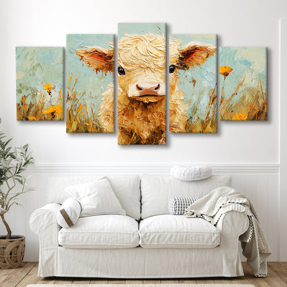 Baby Highland Cow Oil Painting in the Field, Canvas Art Decor Print, Painting Art, Mixed Panels Canvas Print Wall Art