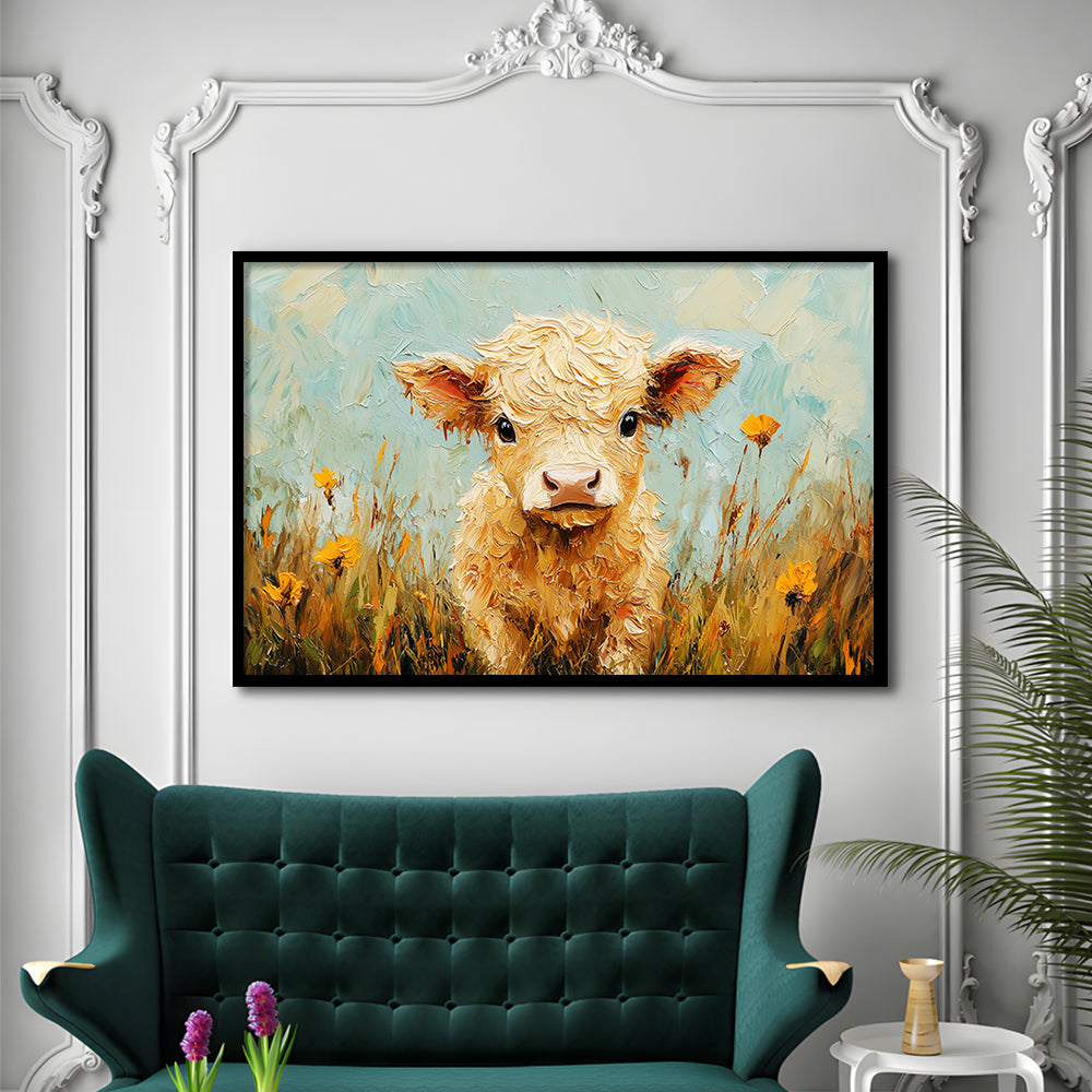 Baby Highland Cow Oil Painting in the Field, Framed  Print, Painting Art, Framed Art Print Wall Decor, Framed Picture