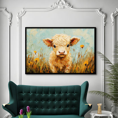 Baby Highland Cow Oil Painting in the Field, Framed  Print, Painting Art, Framed Art Print Wall Decor, Framed Picture