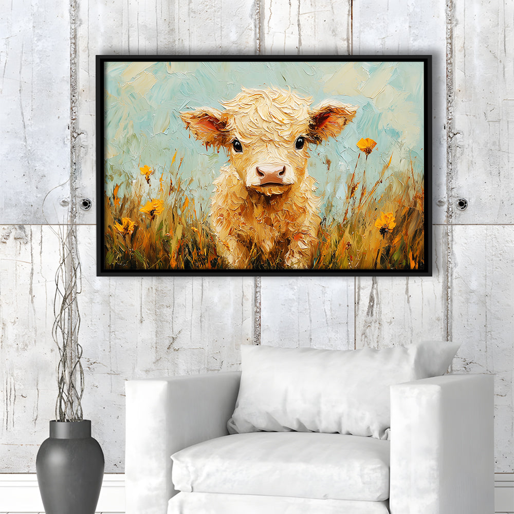 Baby Highland Cow Oil Painting in the Field, Framed Canvas Print, Painting Art, Floating Framed Canvas Print Wall Art