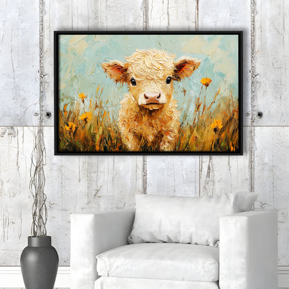 Baby Highland Cow Oil Painting in the Field, Framed Canvas Print, Painting Art, Floating Framed Canvas Print Wall Art
