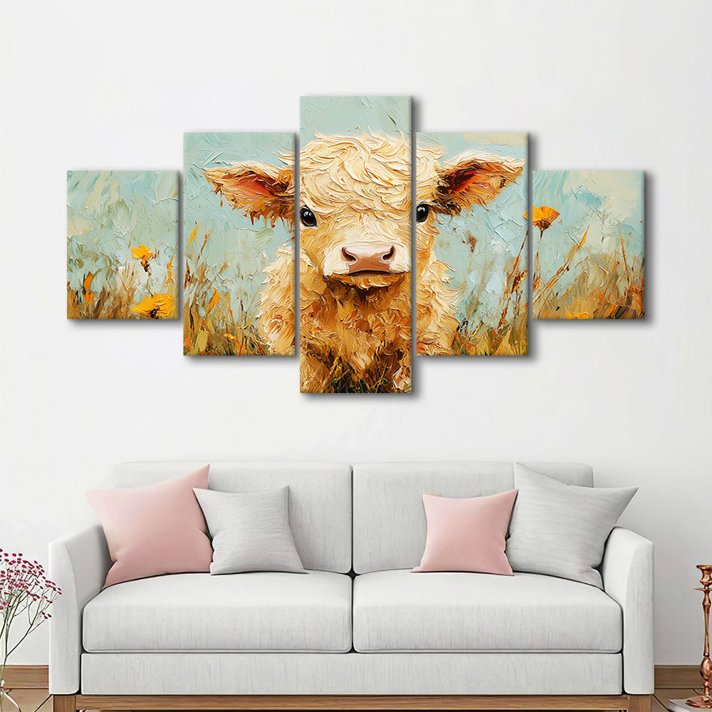 Baby Highland Cow Oil Painting in the Field, Canvas Art Decor Print, Painting Art, Mixed Panels Canvas Print Wall Art