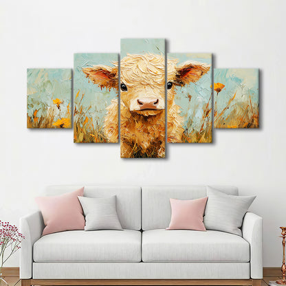 Baby Highland Cow Oil Painting in the Field, Canvas Art Decor Print, Painting Art, Mixed Panels Canvas Print Wall Art