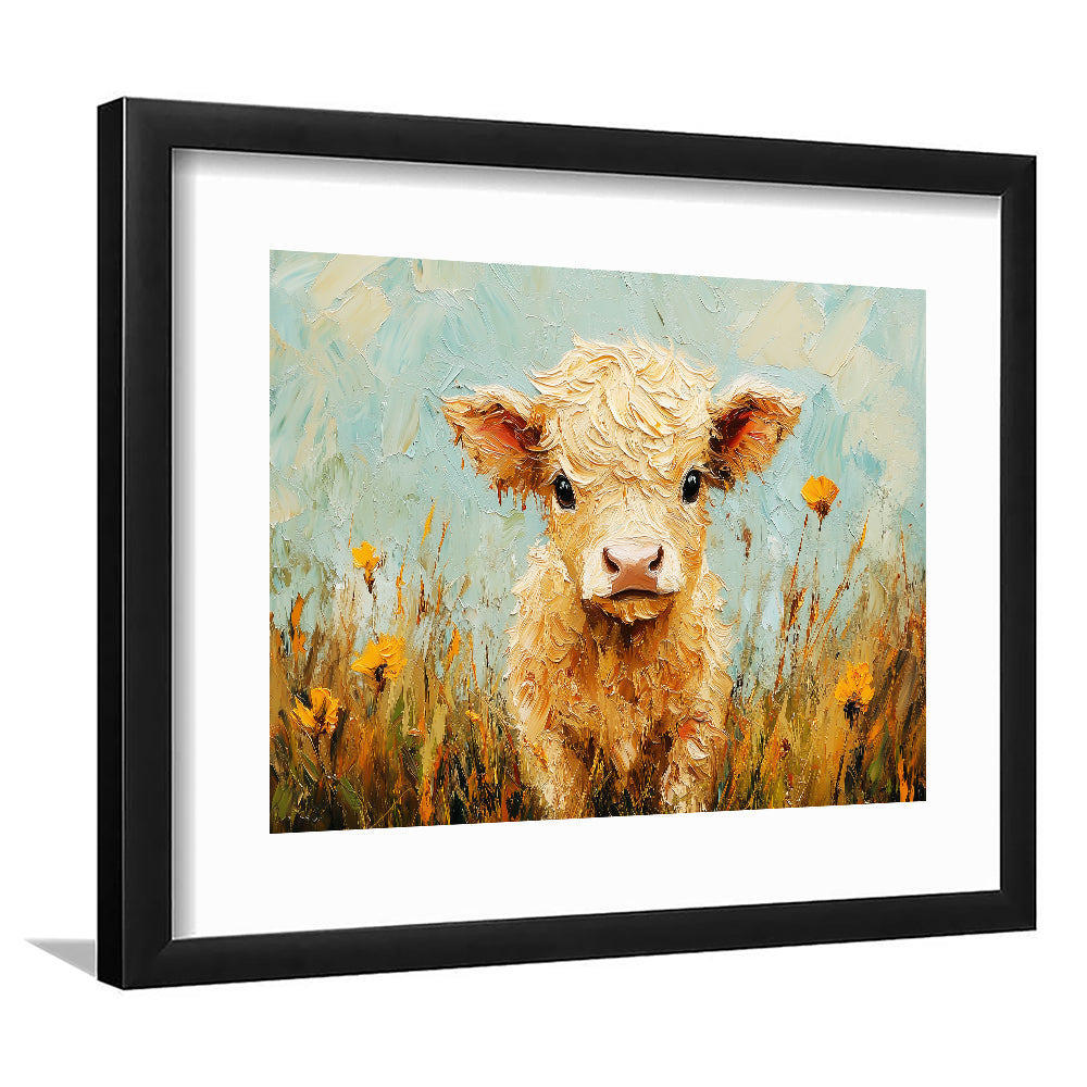 Baby Highland Cow Oil Painting in the Field, Framed  Print, Painting Art, Framed Art Print White Border Wall Decor