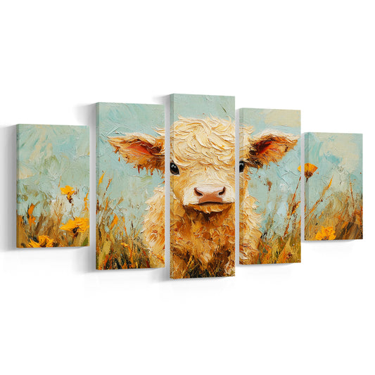 Baby Highland Cow Oil Painting in the Field, Canvas Art Decor Print, Painting Art, Mixed Panels Canvas Print Wall Art