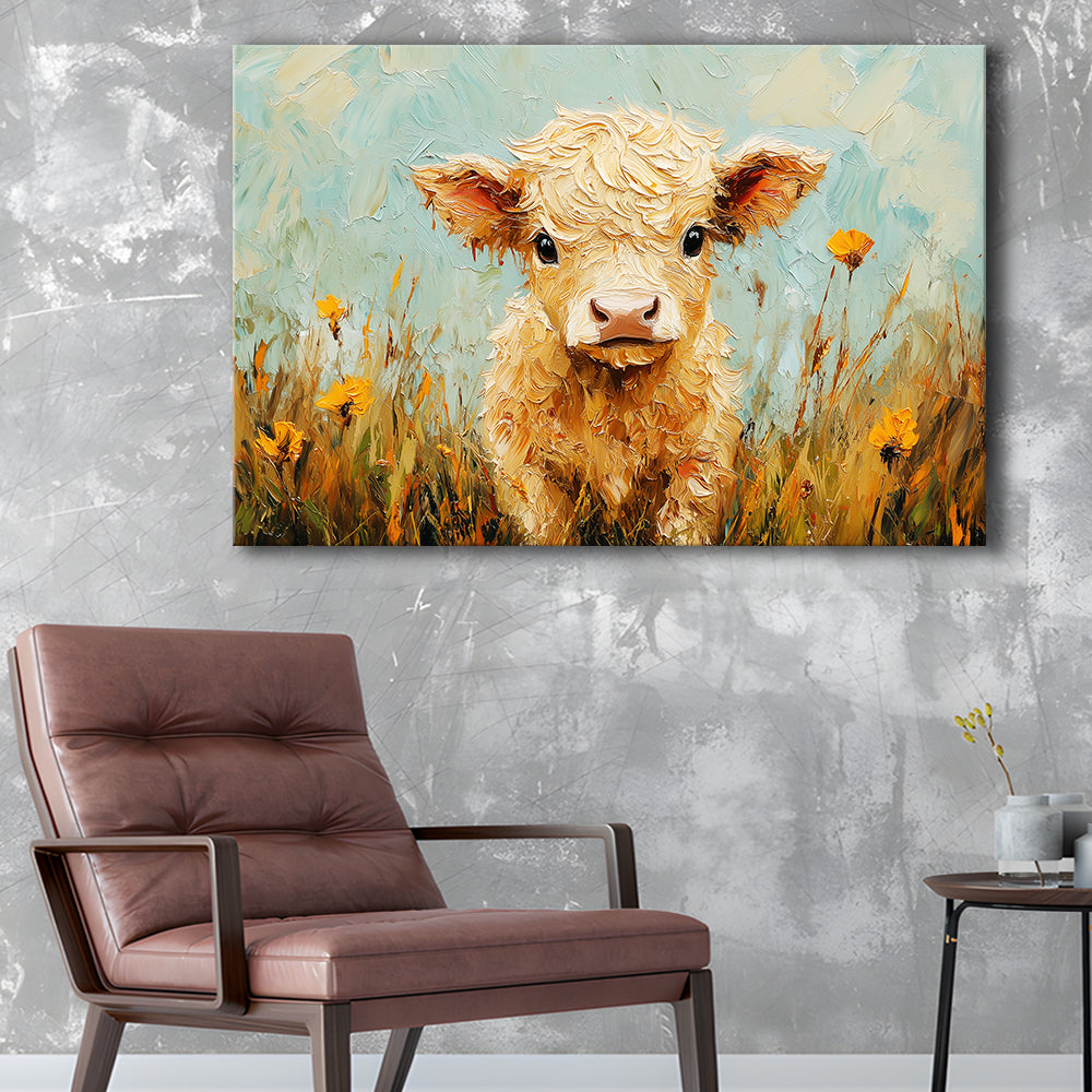 Baby Highland Cow Oil Painting in the Field, Canvas Art Decor Print, Painting Art, Canvas Print Wall Art Home Decor